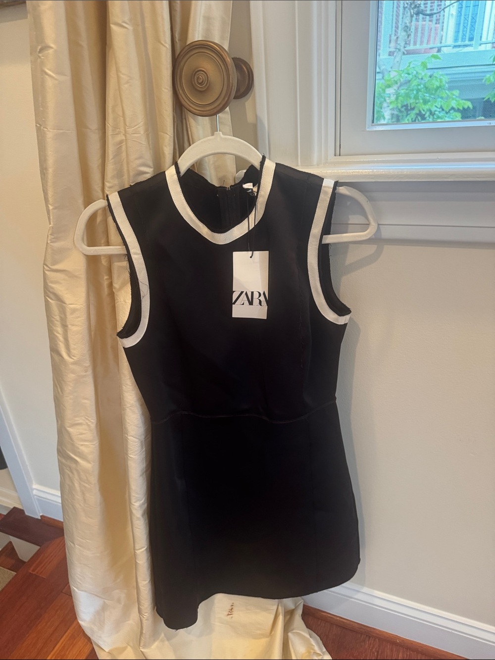 Sleeveless Black Satin Zara Mini Dress with Cream Trim Size Small NWT